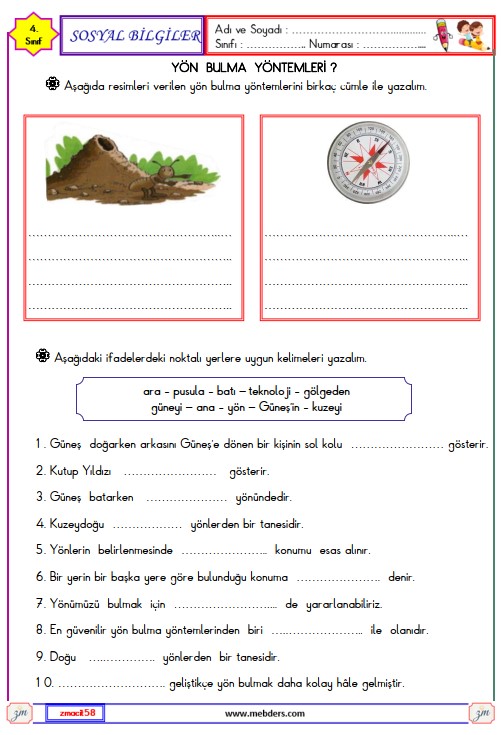 4. Sınıf Sosyal Bilgiler Yön Bulma Yöntemleri Etkinliği