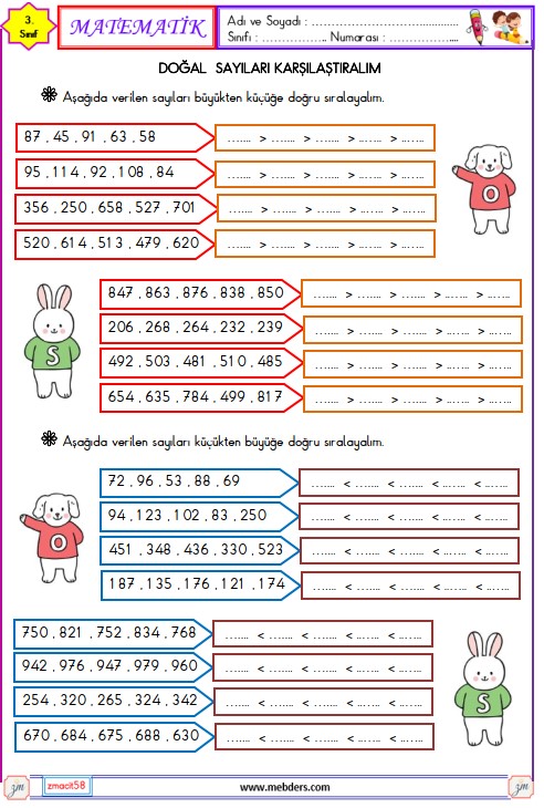 3. Sınıf Matematik Doğal Sayıları Karşılaştırma ve Sıralama Etkinliği 3