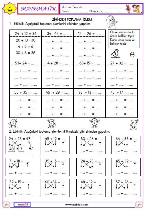 2. Sınıf Matematik Zihinden Toplama İşlemi Etkinliği 2