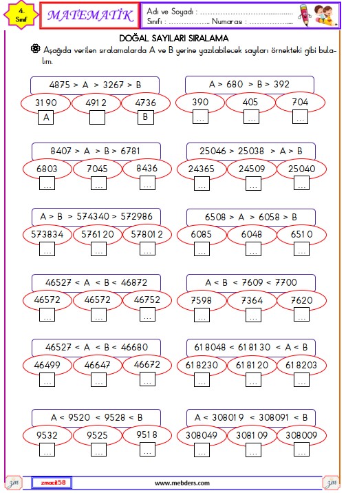 4. Sınıf Matematik Doğal Sayıları Sıralama Etkinliği