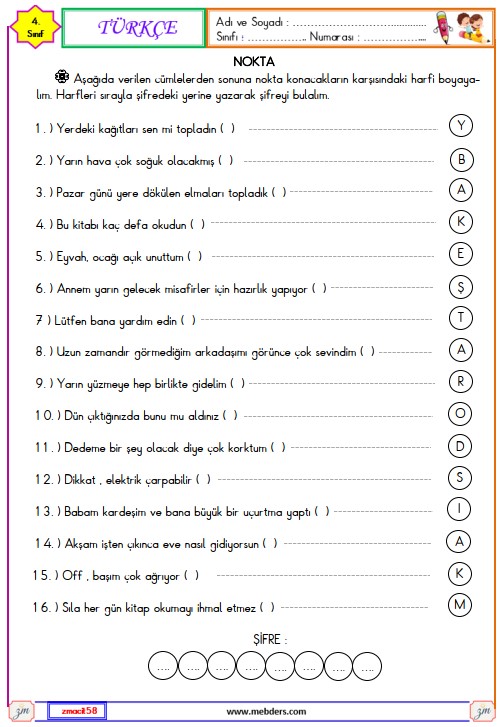 4. Sınıf Türkçe Nokta Etkinliği 1