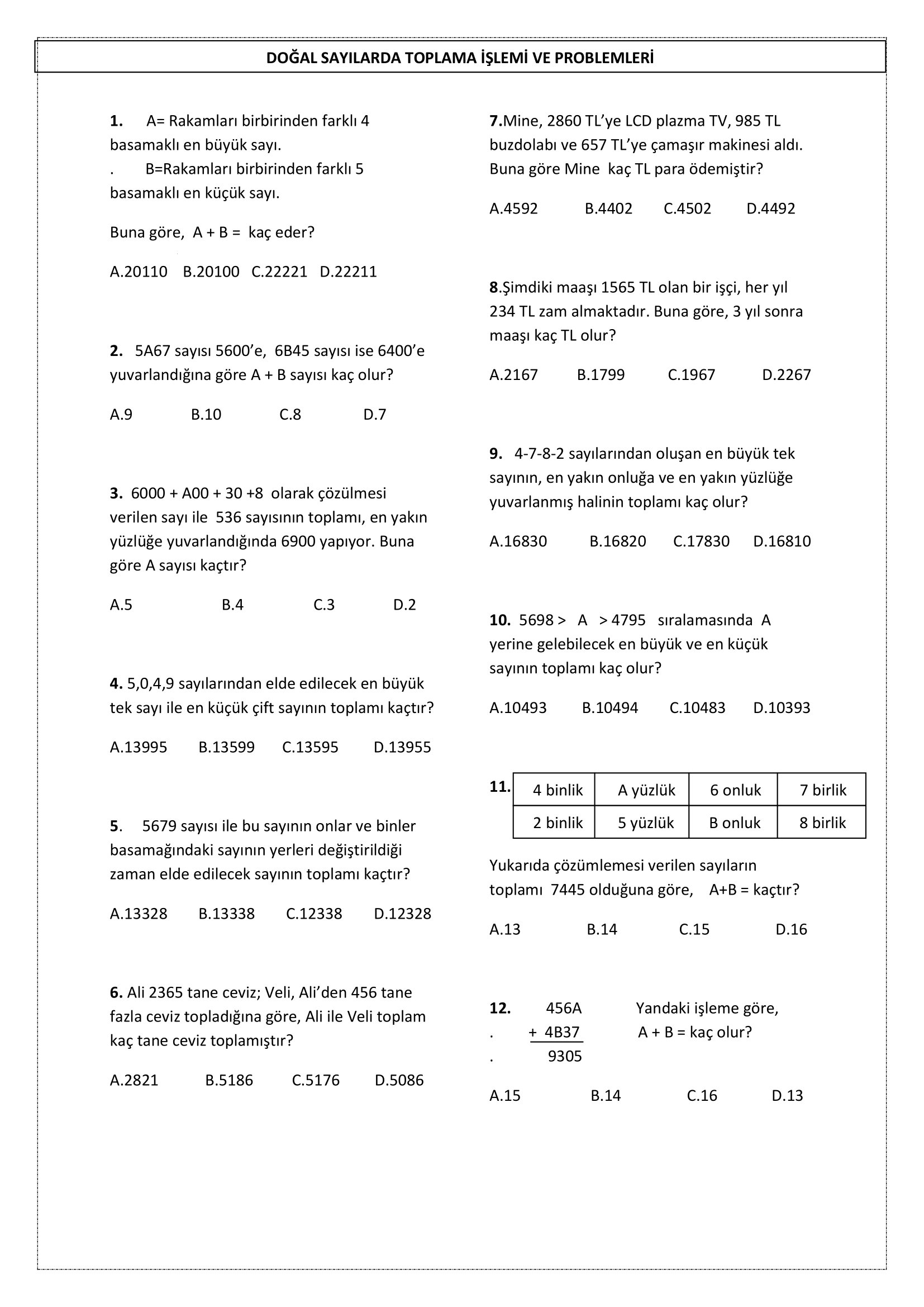 4.Sınıf Matematik Toplama Problemleri 7