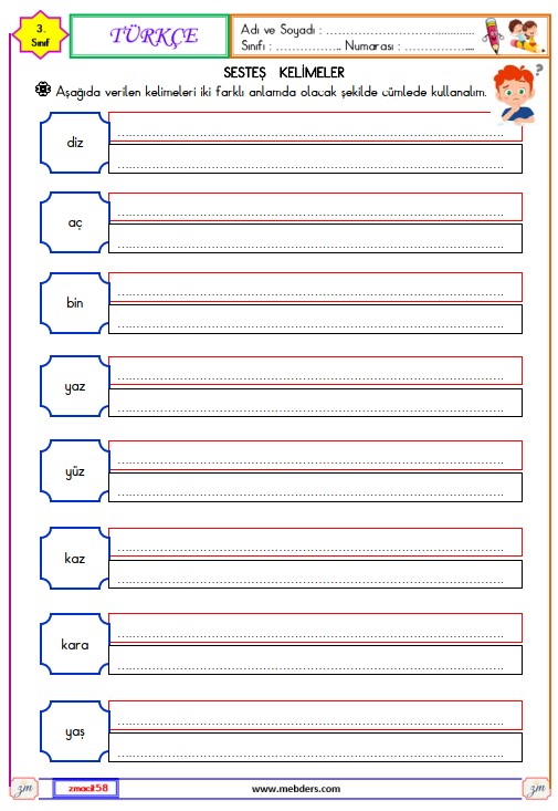 3. Sınıf Türkçe Sesteş Kelimeler Etkinliği 5