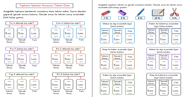 1. Sınıf Matematik Toplama İşleminin Sonucunu Tahmin Etme 1