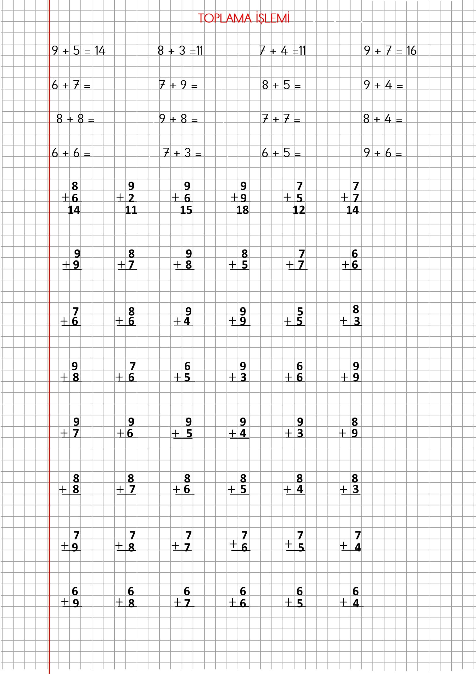 1.Sınıf Matematik Kareli Defterde Toplama İşlemi Etkinliği