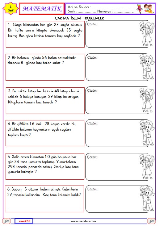 3. Sınıf Matematik Çarpma İşlemi Problemler  Etkinliği 4