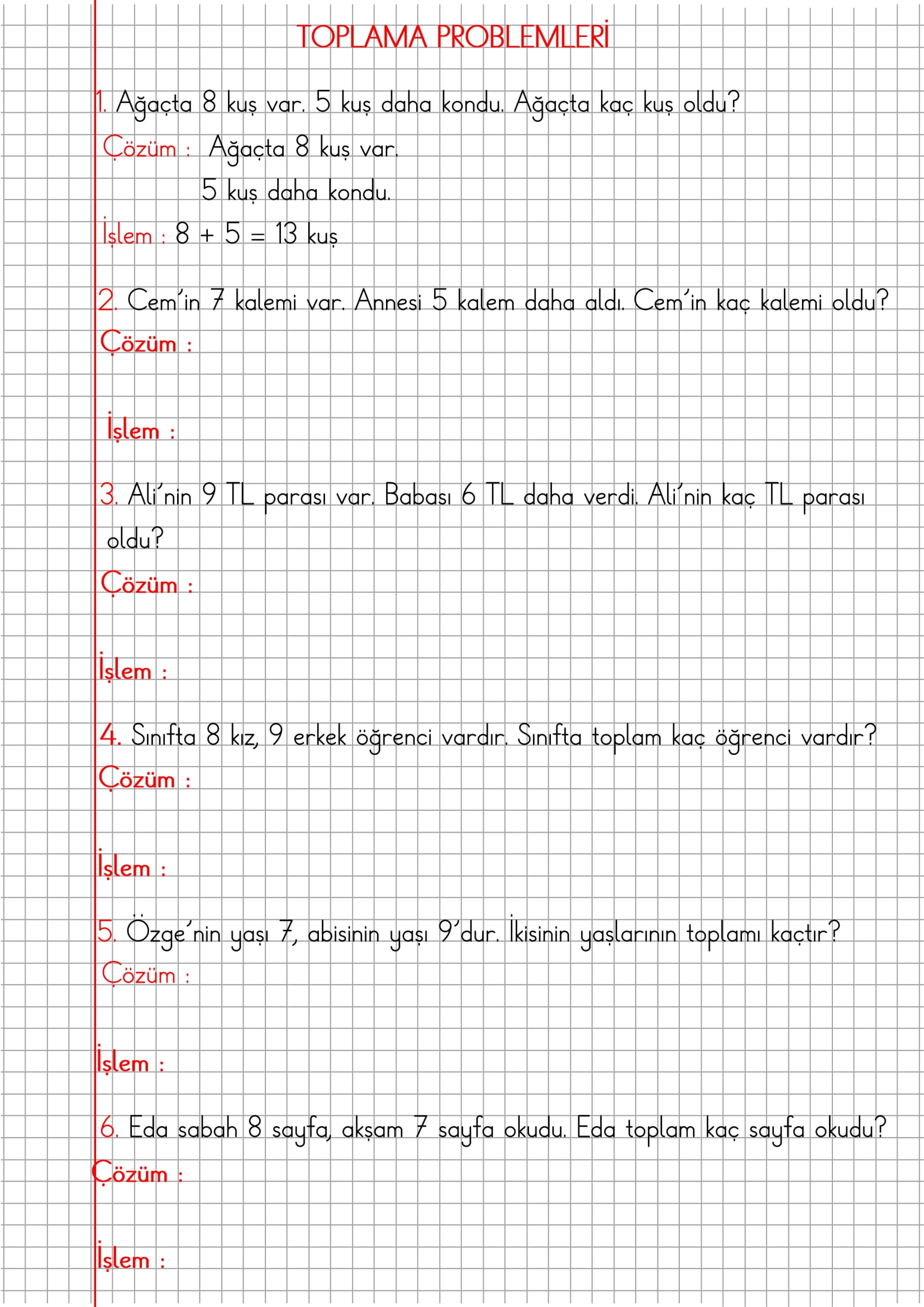 1.Sınıf Matematik Kareli Defterde Toplama Problemlerii