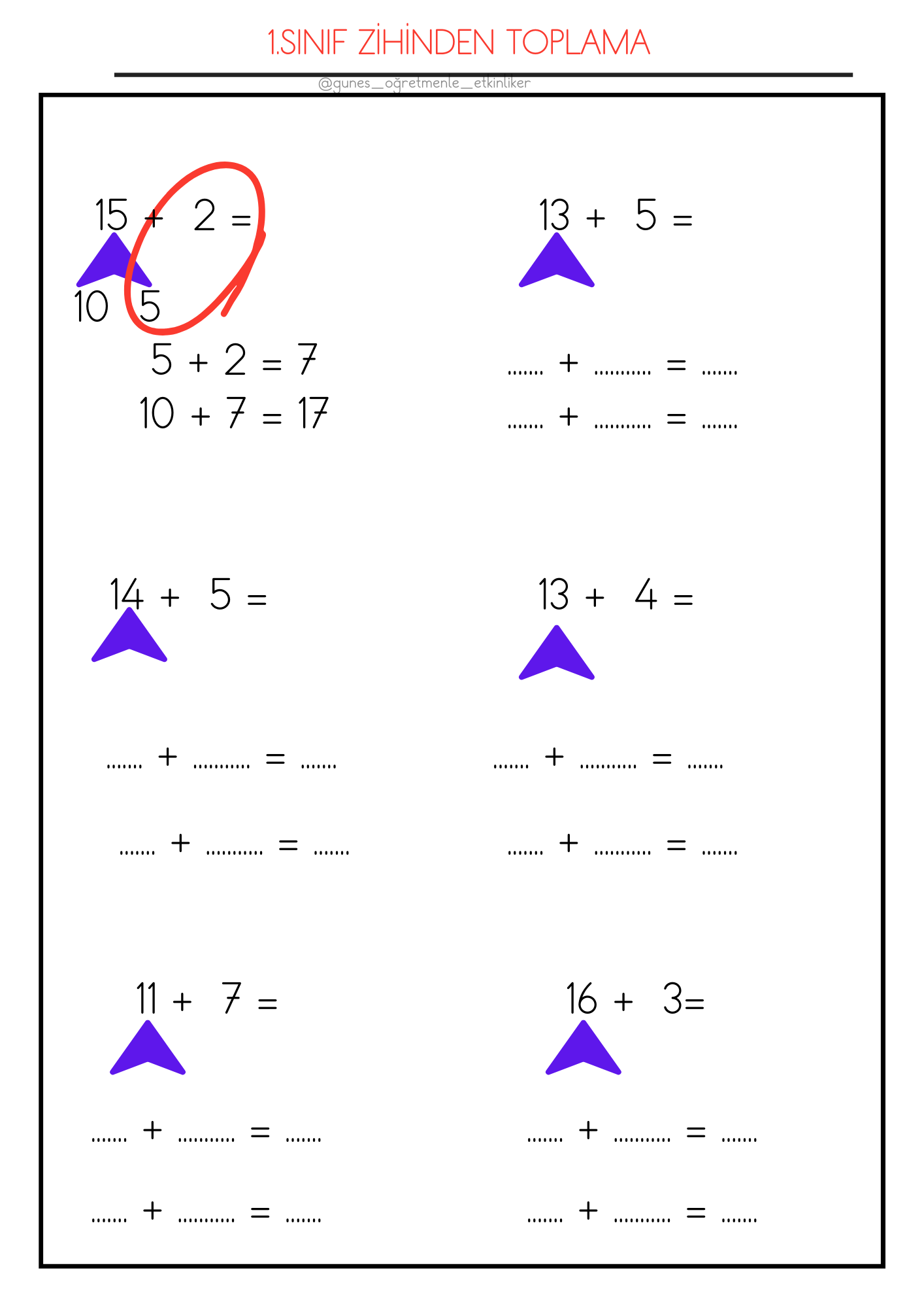 1.SINIF MATEMATİK ZİHİNDEN TOPLAMA