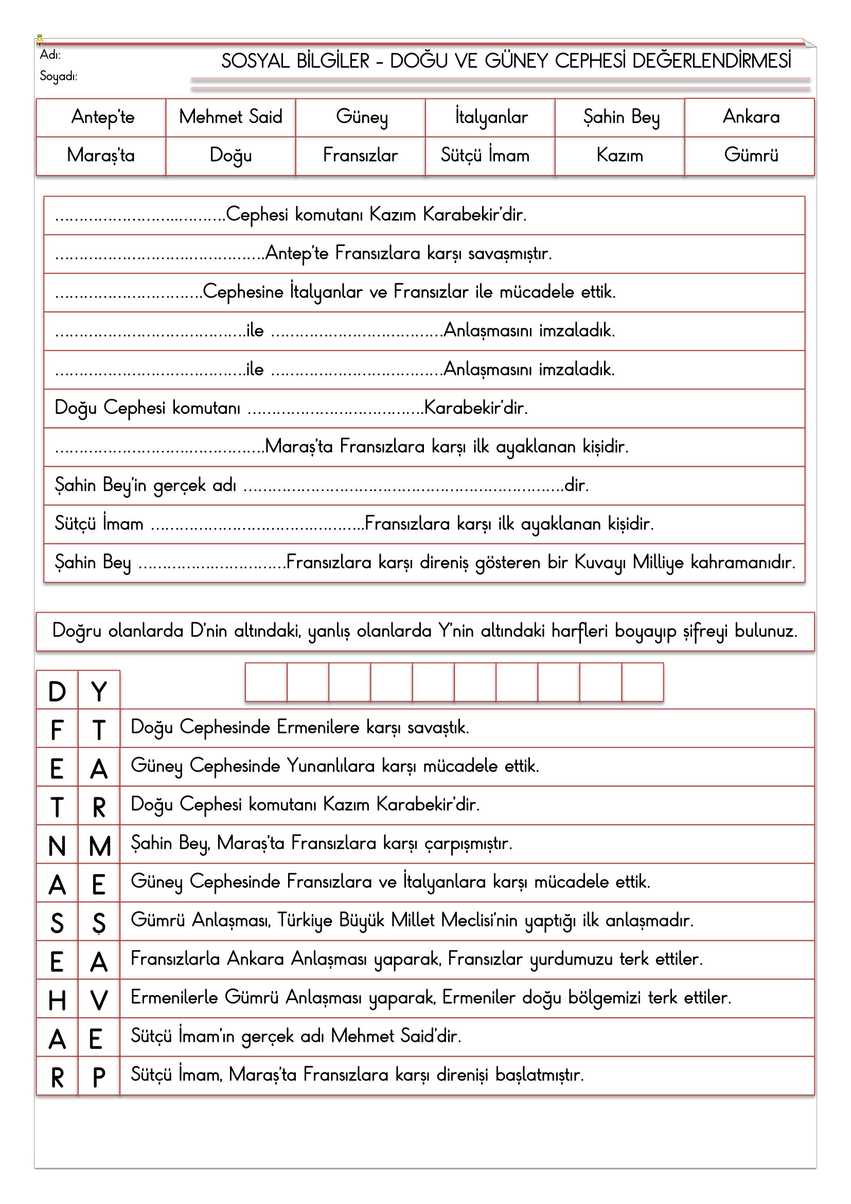 4.Sınıf - Sosyal Bilgiler Kurtuluş Destanı Değerlendirmesi-3