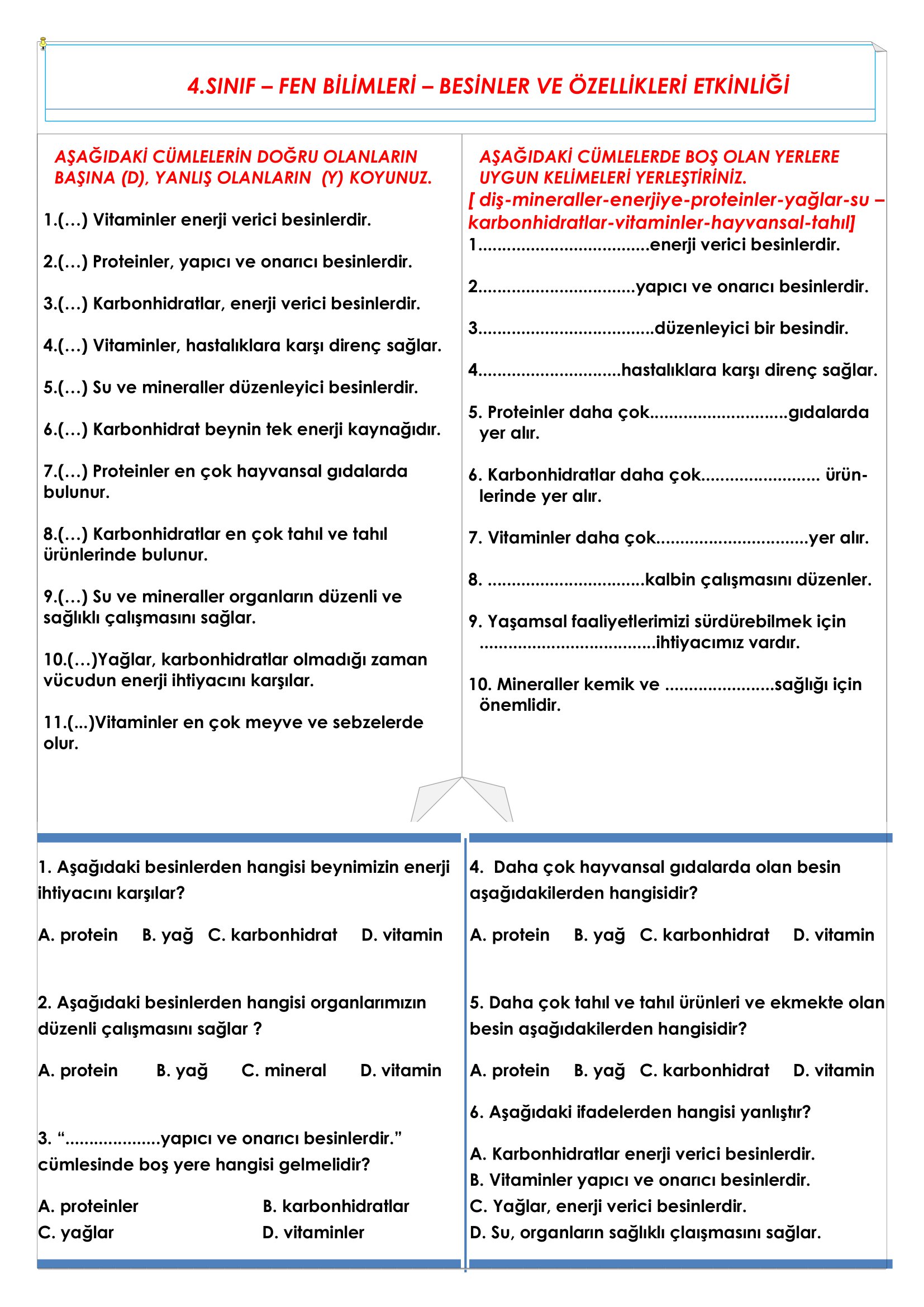 4.Sınıf Fen Bilimleri Besinler ve Özellikleri Etkinliği