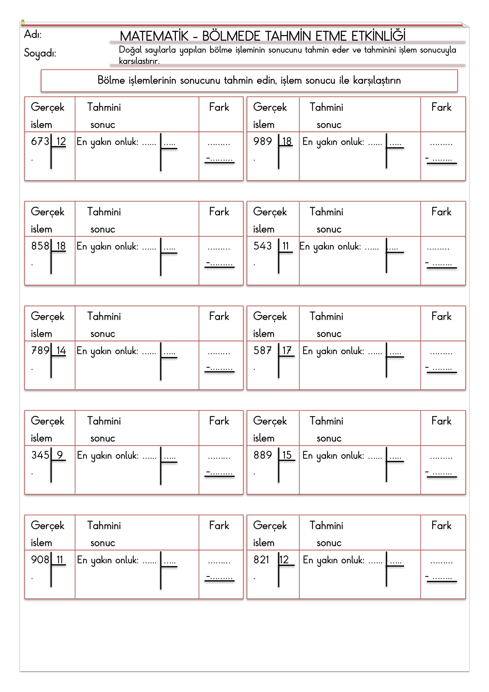 4.Sınıf Matematik Bölmede Tahmin Etme Etkinliği