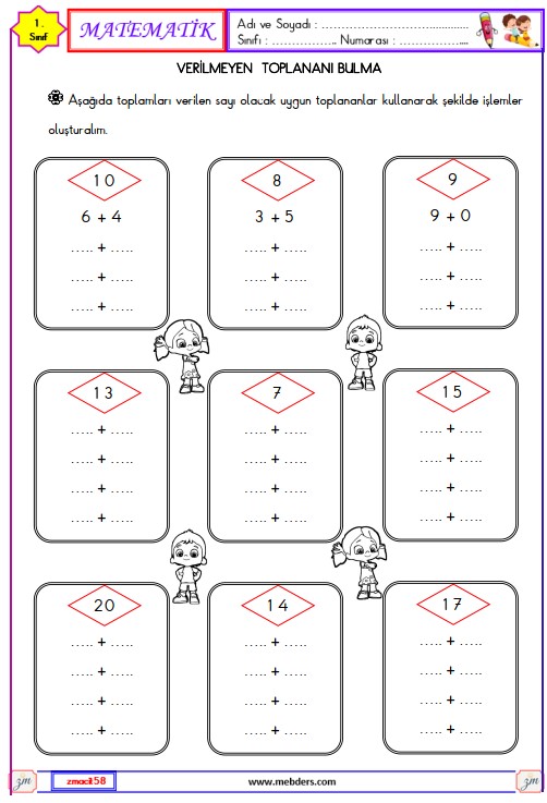 1. Sınıf Matematik Verilmeyen Toplananı Bulma Etkinliği 15