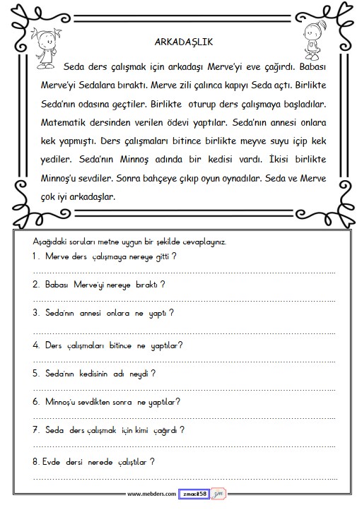 2. Sınıf Türkçe Okuma ve Anlama Metni Etkinliği (Arkadaşlık)