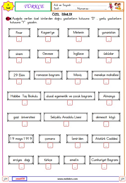 2. Sınıf Türkçe Özel İsim Etkinliği