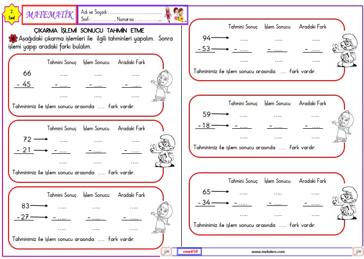 2. Sınıf Matematik Çıkarma İşlemi Sonucu Tahmin Etme Etkinliği 3