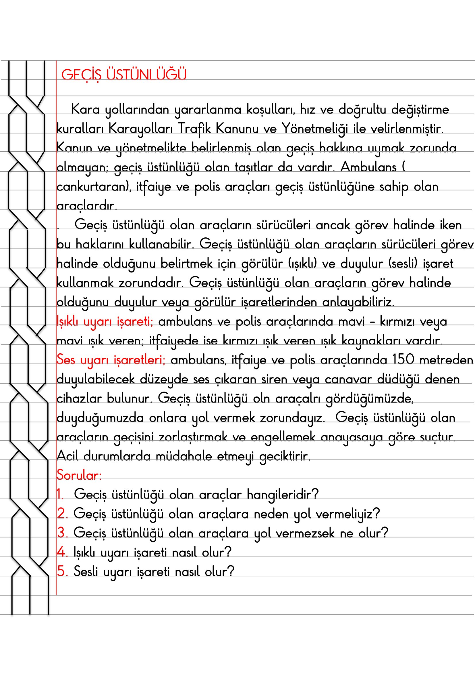 4.Sınıf Trafik Güvenliği Geçiş Üstünlüğü Defter Özeti