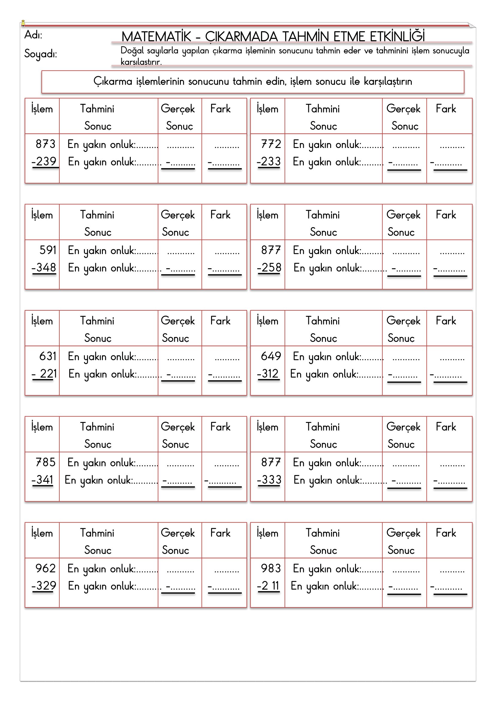 4.Sınıf - Matematik - Çıkarmada Tahmin Etme Etkinliği