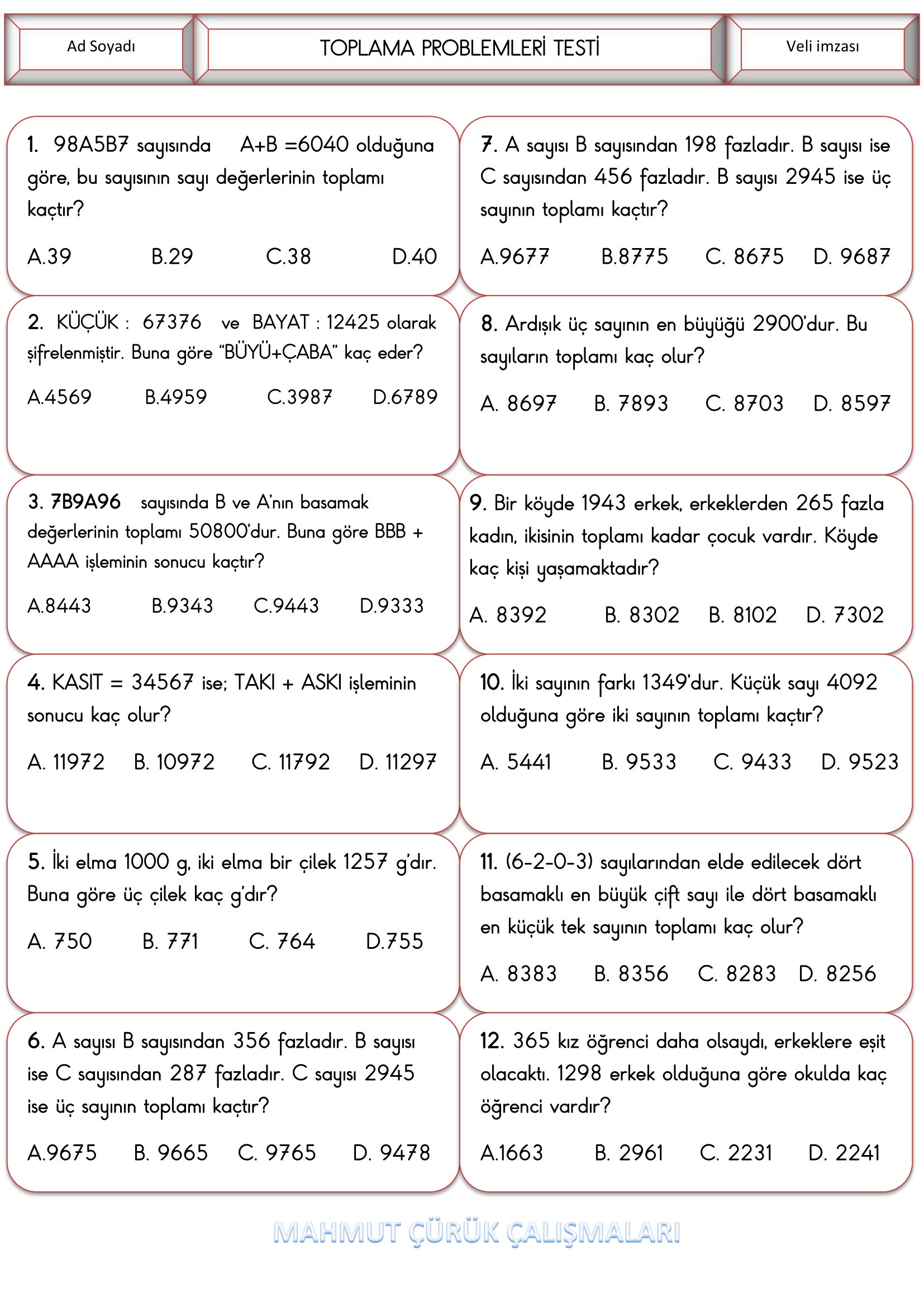 4.Sınıf - Matematik Toplama Problemleri-4