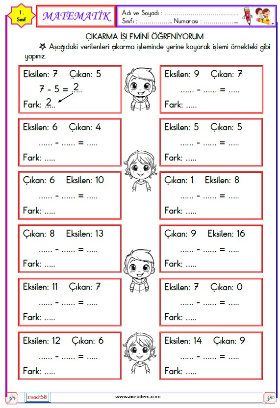 1. Sınıf Matematik Çıkarma İşlemi Etkinliği 15