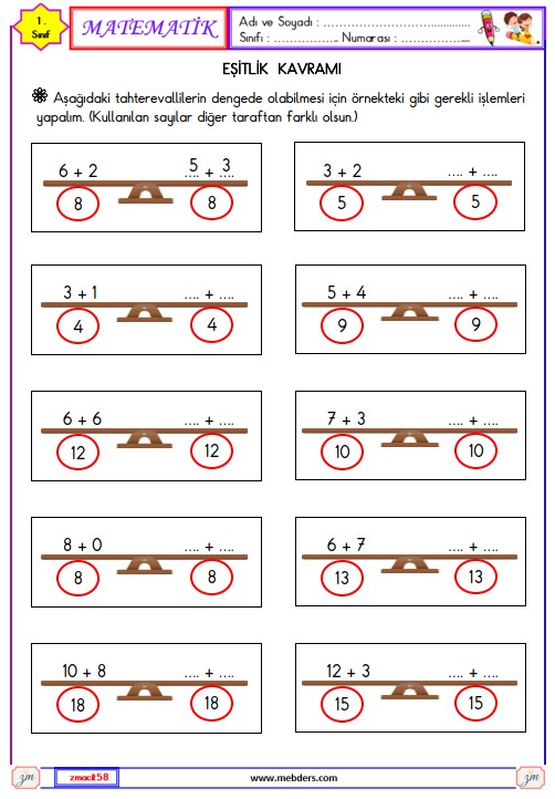 1. Sınıf Matematik Eşitlik Etkinliği 5