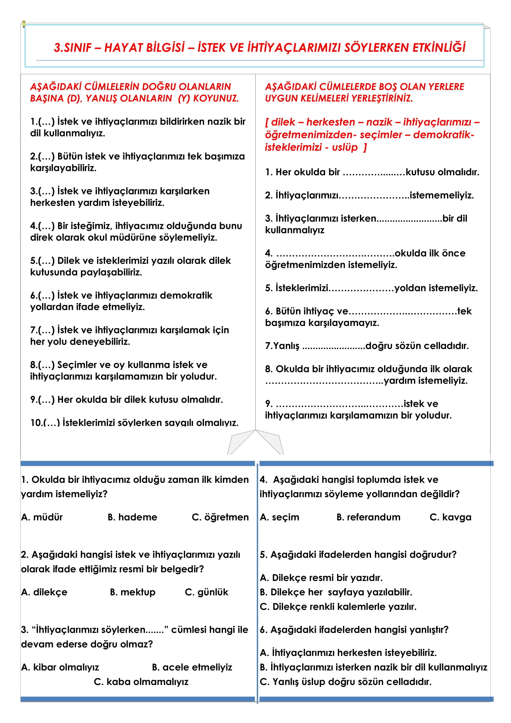 3.Sınıf - Hayat Bilgisi İstek ve İhtiyaçlarımızı Söylerken Etkinliği