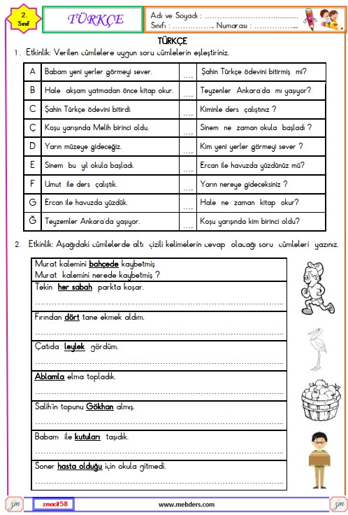 2. Sınıf Türkçe Soru Cümlesi Etkinliği