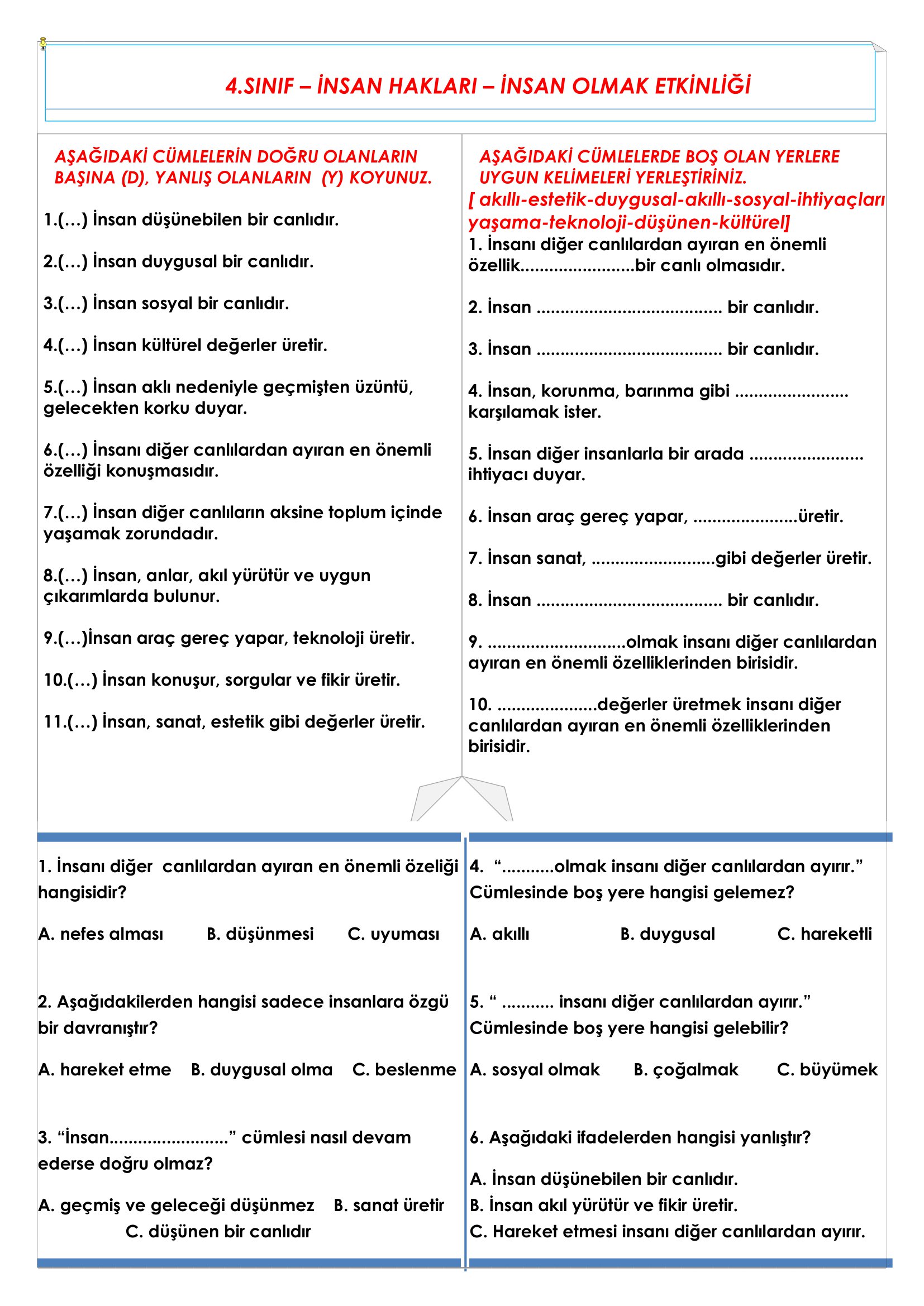 4.Sınıf - İnsan Hakları İnsan Olmak Etkinliği