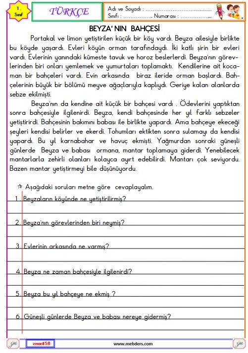 1. Sınıf Türkçe Okuma ve Anlama Metni Etkinliği (Beyza'nın Bahçesi)