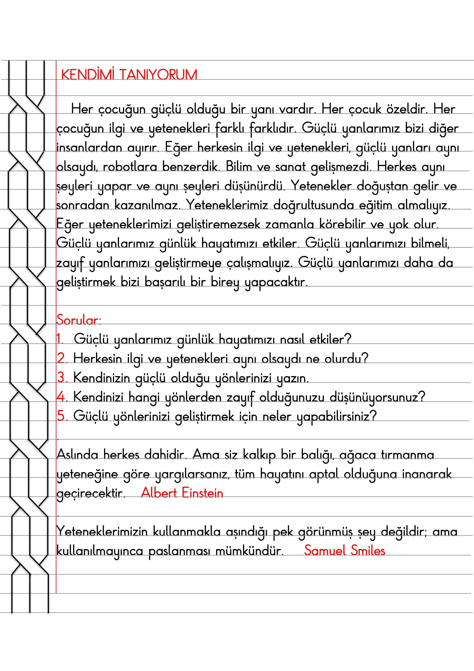 3.Sınıf Hayat Bilgisi Kendimi Tanıyorum Defter Özeti