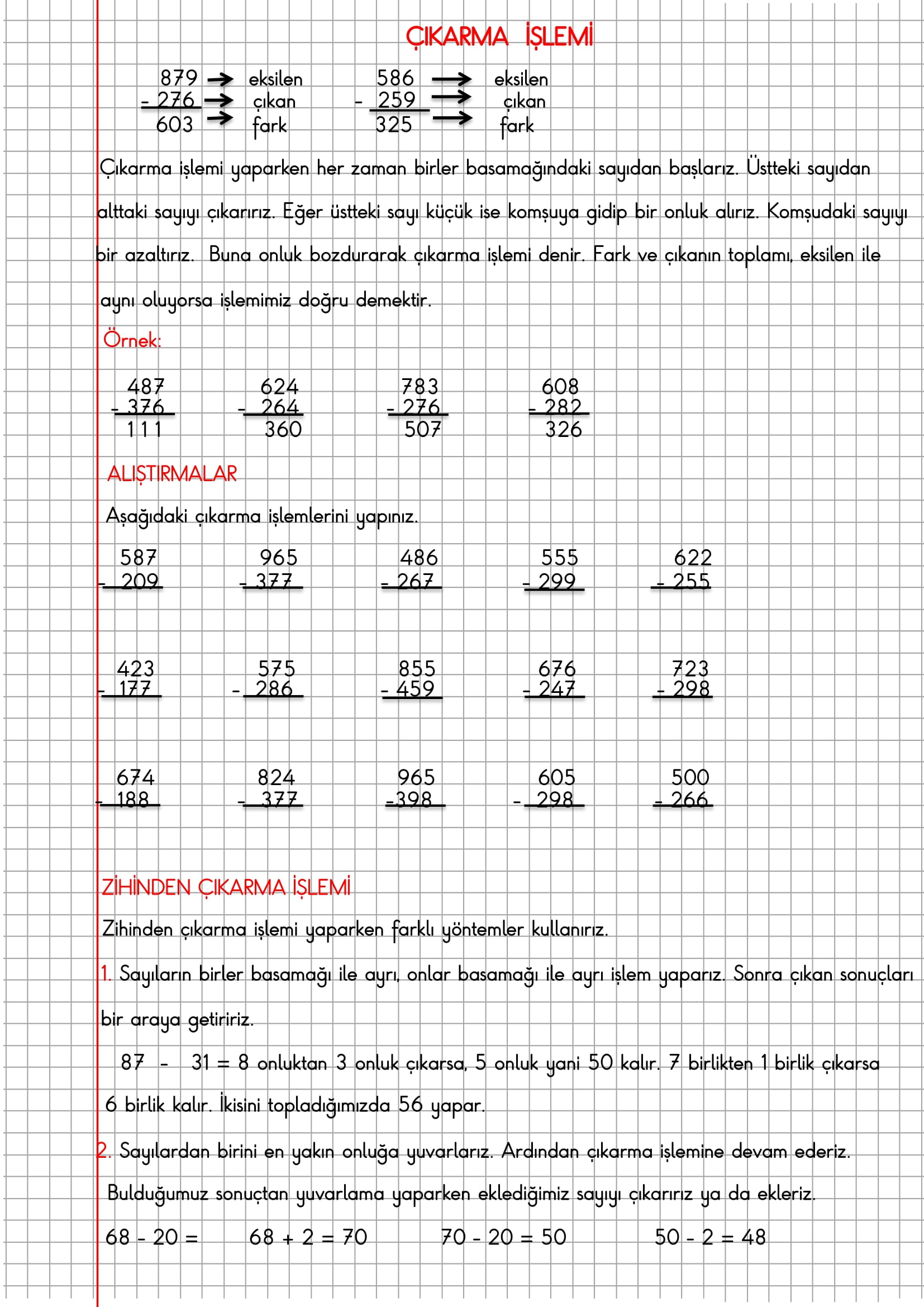 3.Sınıf Matematik Kareli Defterde Çıkarma İşlemi Konu Anlatımı