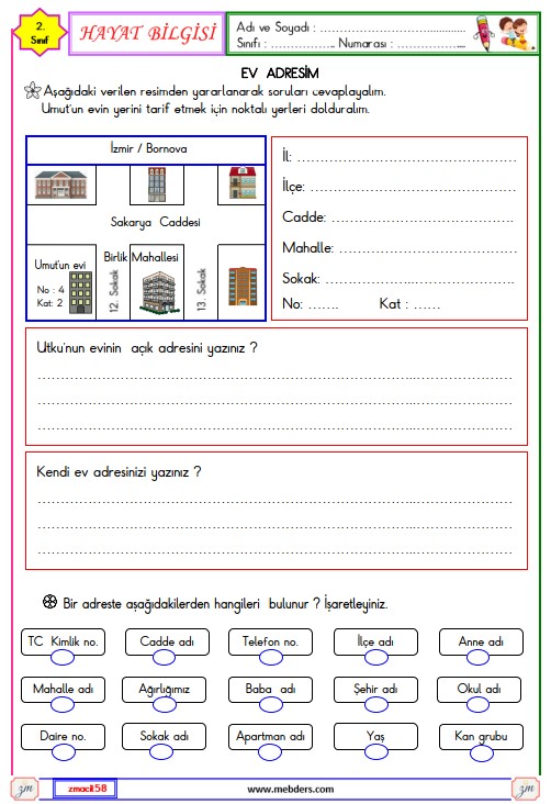 2. Sınıf Hayat Bilgisi Evimizin Adresi Etkinliği