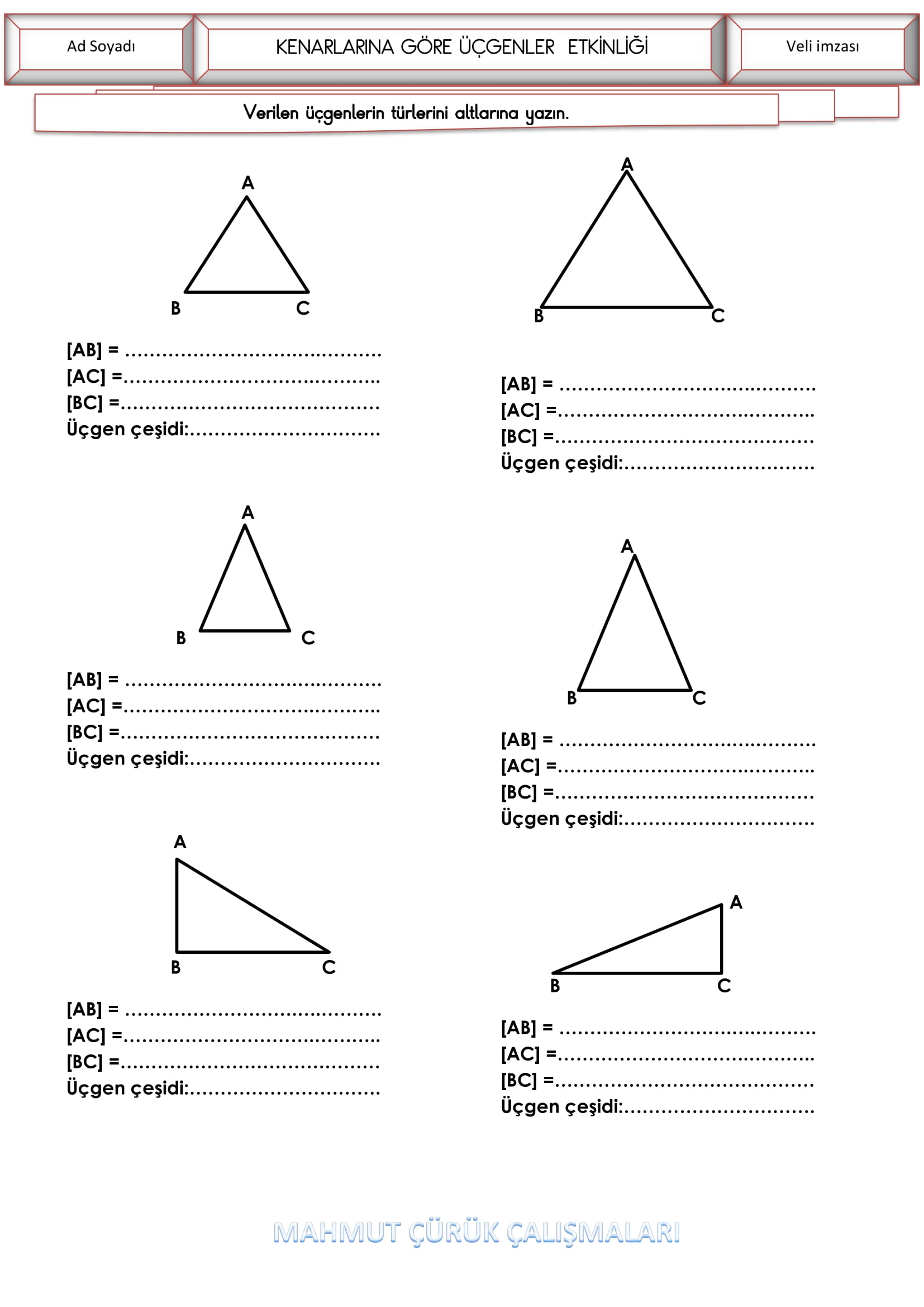 4.Sınıf - Matematik Kenarlarına Göre Üçgenler Etkinliği-1