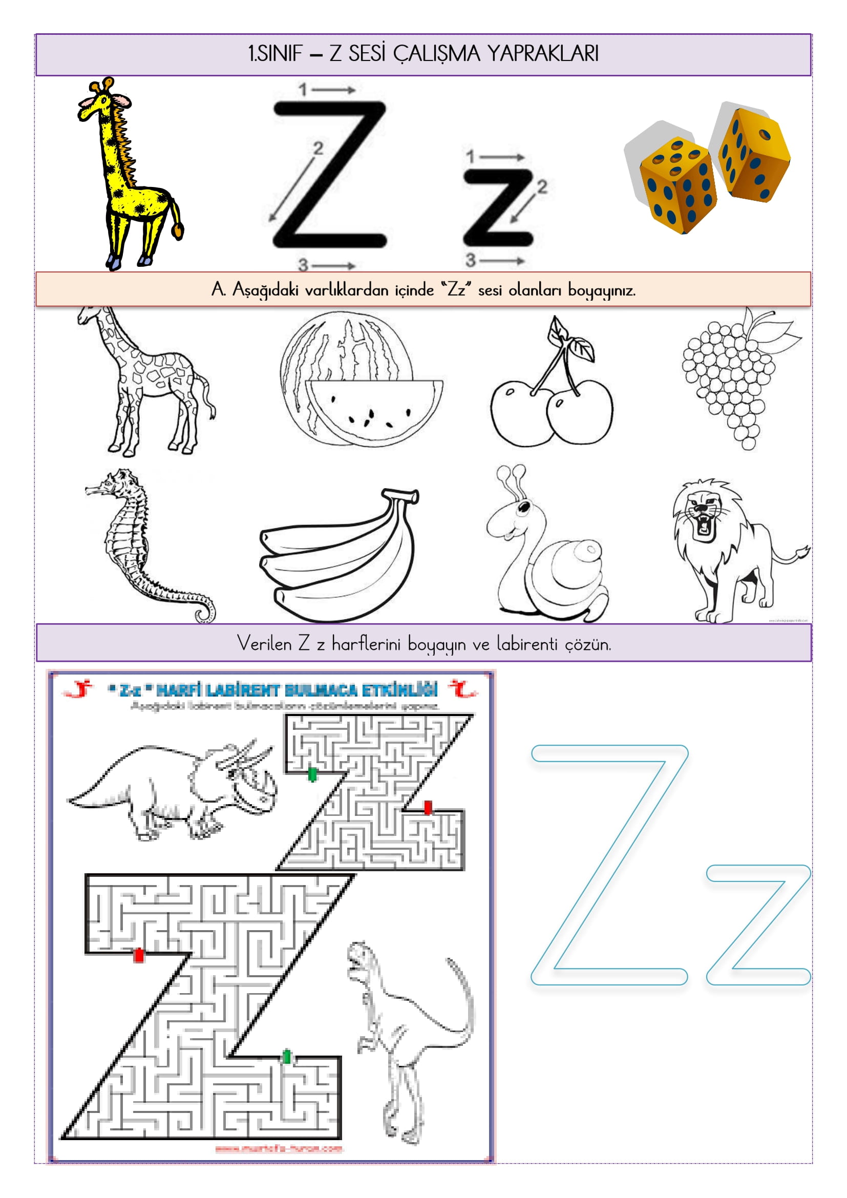1.Sınıf İlk Okuma Yazma Z Sesi Çalışma Yaprakları