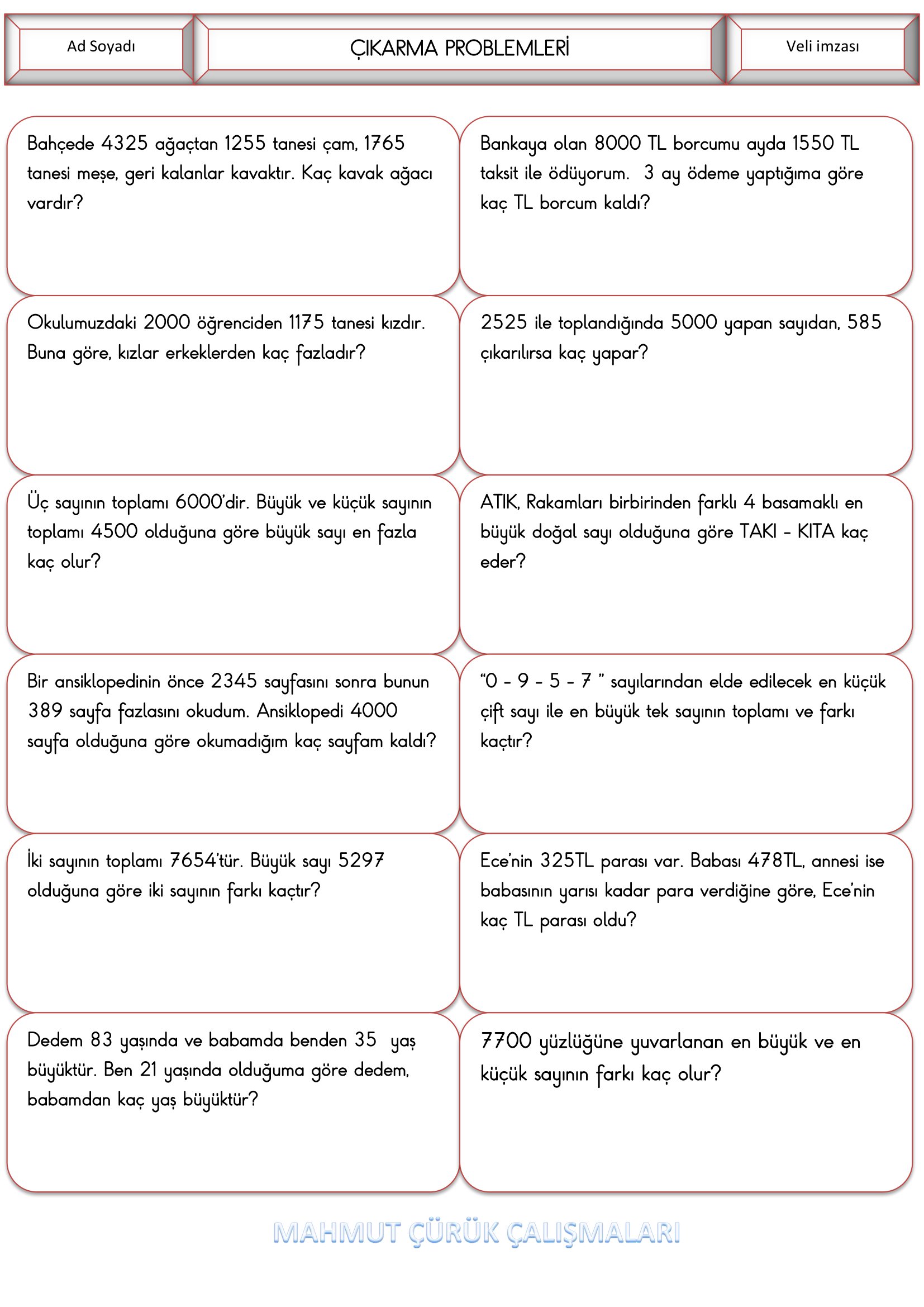 4.Sınıf - Matematik Çıkarma Problemleri-1