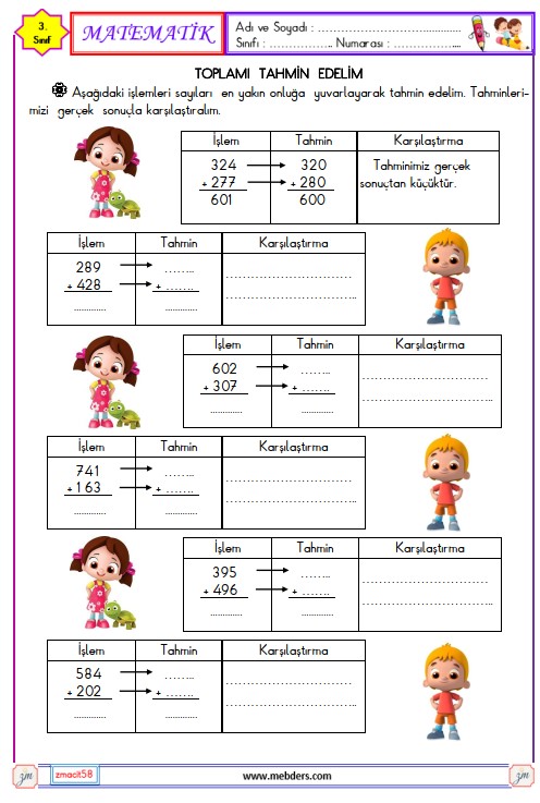 3. Sınıf Matematik Toplamı Tahmin Edelim Etkinliği 2