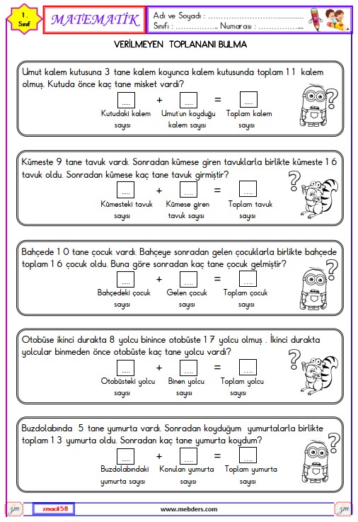 1. Sınıf Matematik Verilmeyen Toplananı Bulma Etkinliği 17