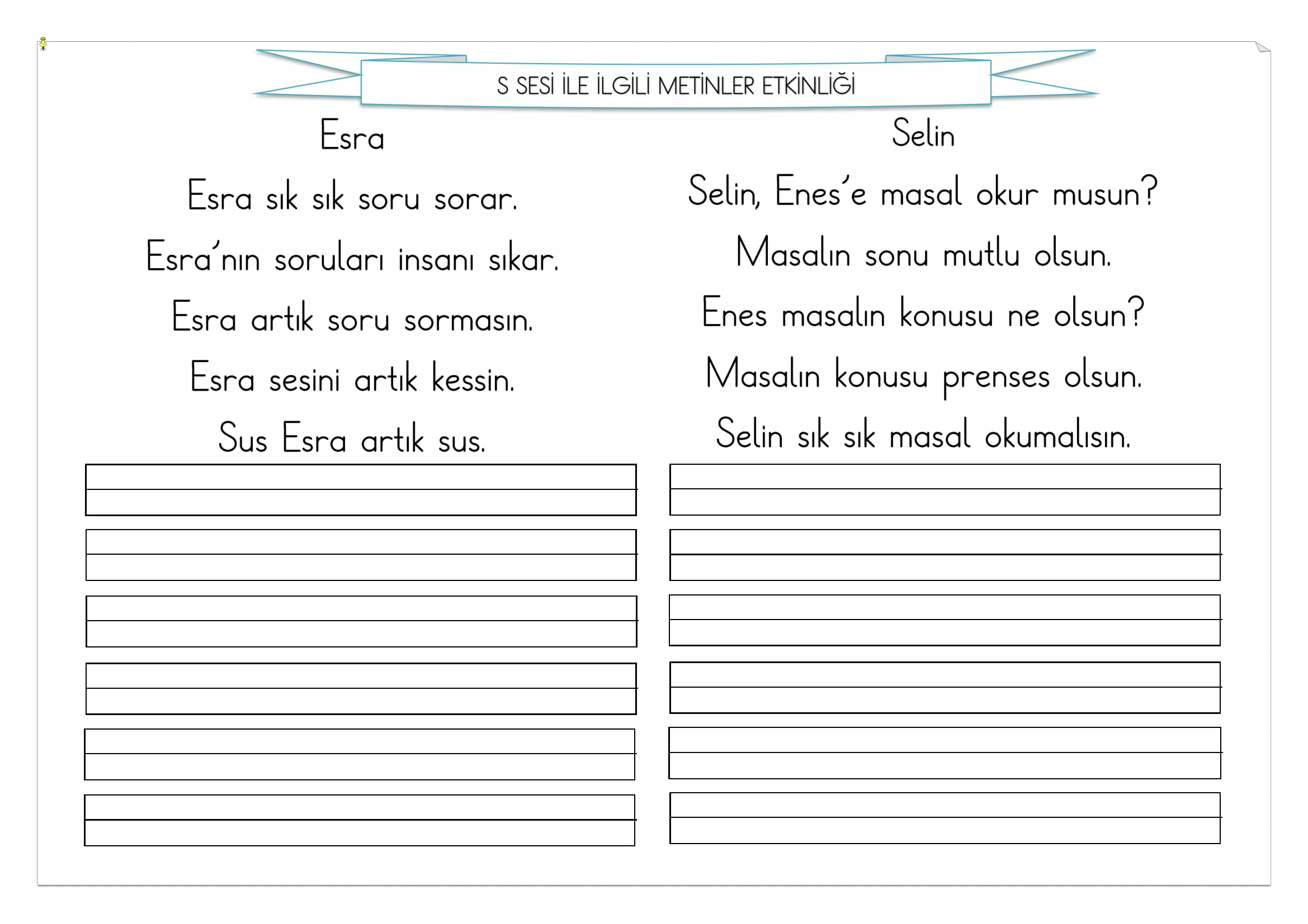 1.Sınıf S Sesi Metinler Etkinliği