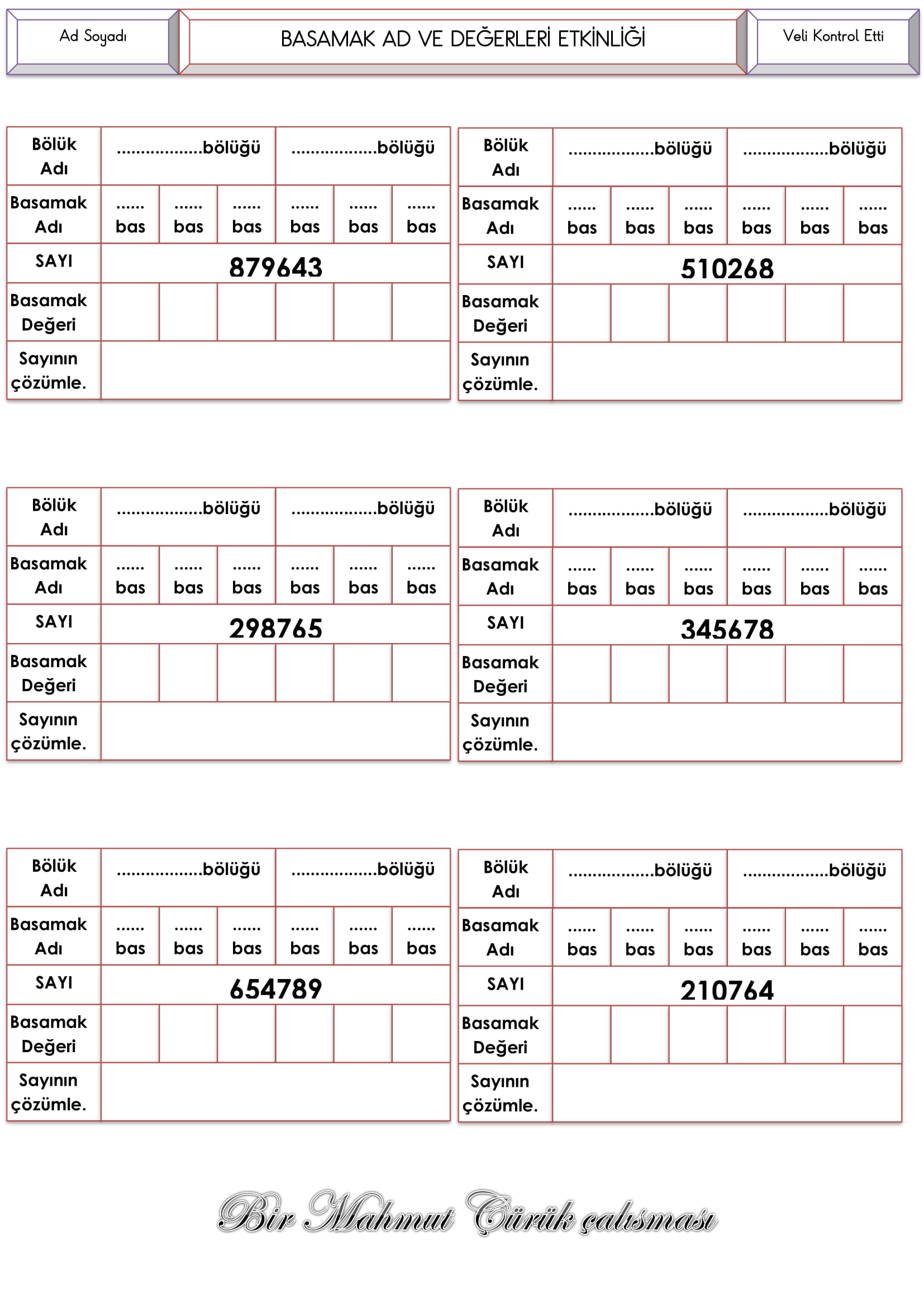 4.Sınıf Matematik 4.5.6. Basamaklı Sayıların Basamak Ad ve Değerleri Etkinliği