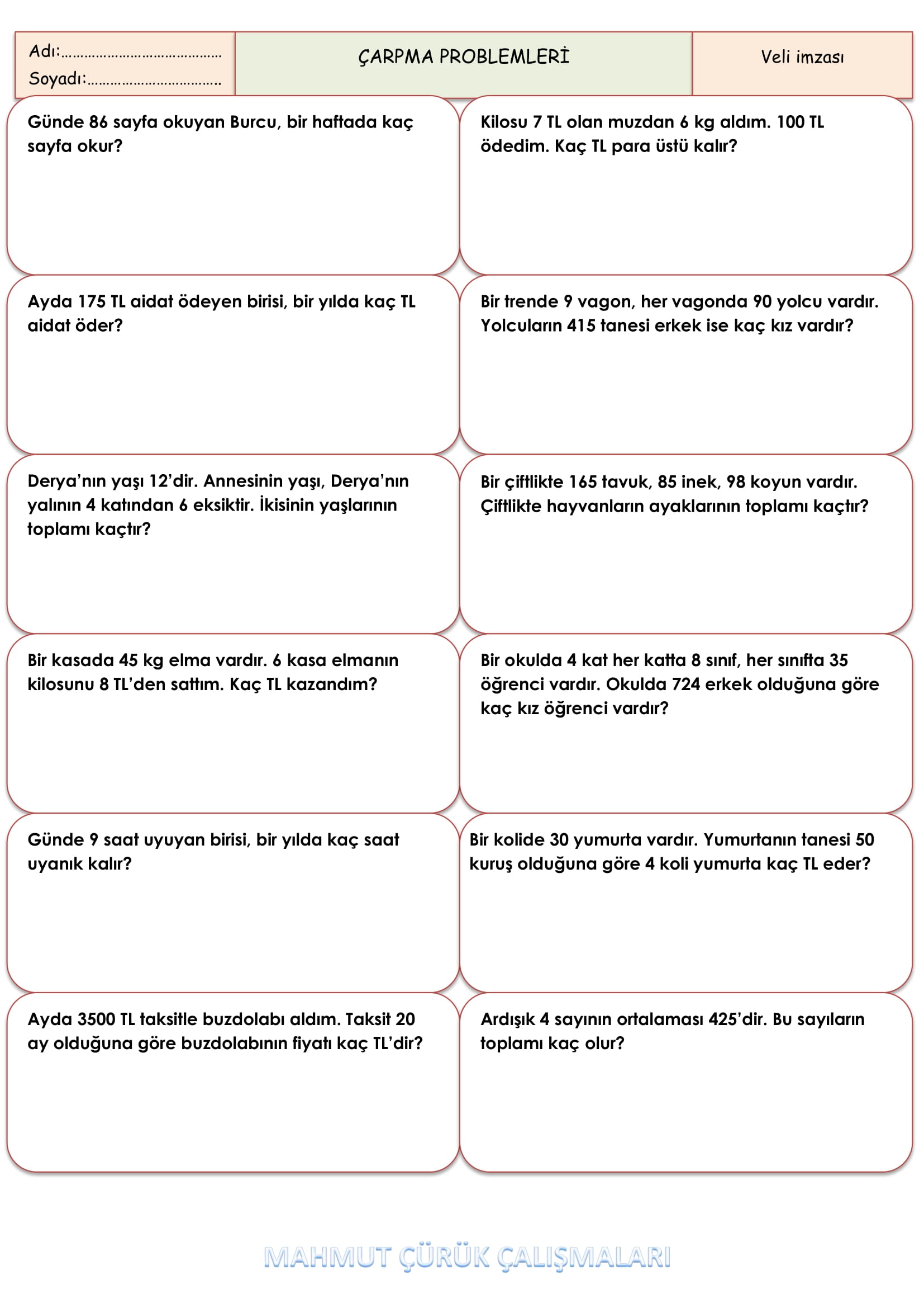 4.Sınıf Matematik Çarpma Problemleri -1