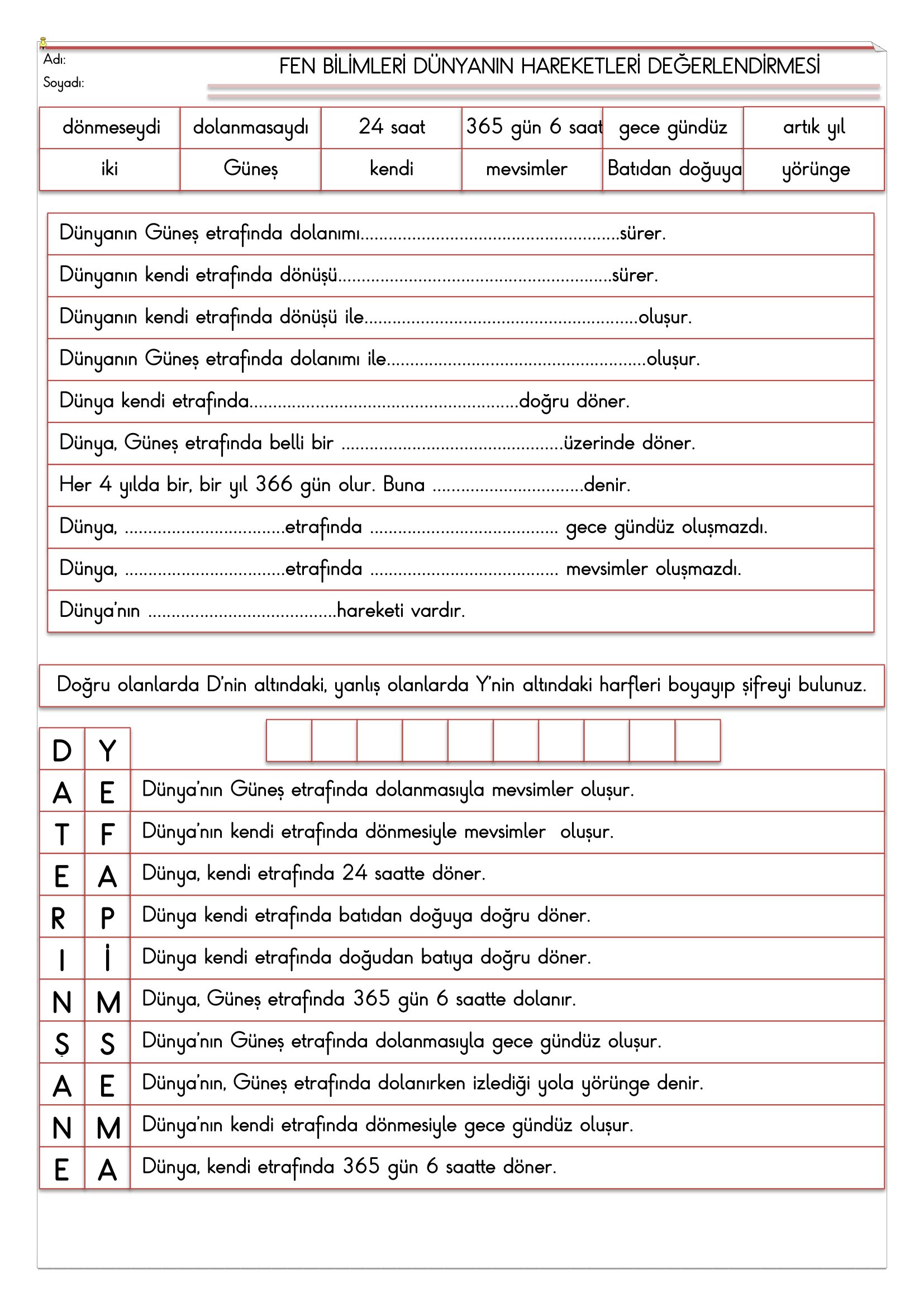 4.Sınıf - Fen Bilimleri Dünyanın Hareketleri Değerlendirmesi