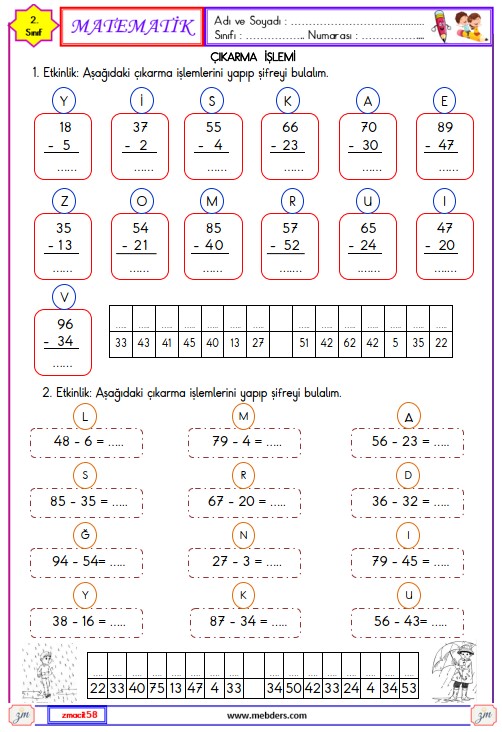 2. Sınıf Matematik Çıkarma İşlemi Etkinliği 2