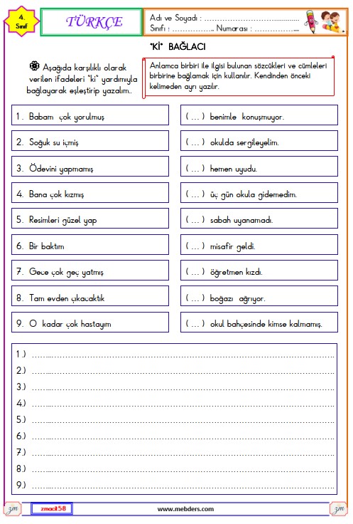 4. Sınıf Türkçe Ki Bağlacı Etkinliği 1