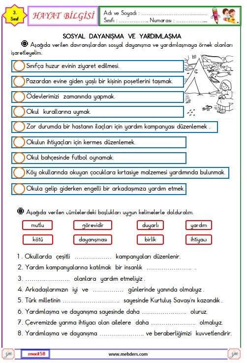 3. Sınıf Hayat Bilgisi Sosyal Yardımlaşma ve Dayanışma Etkinliği