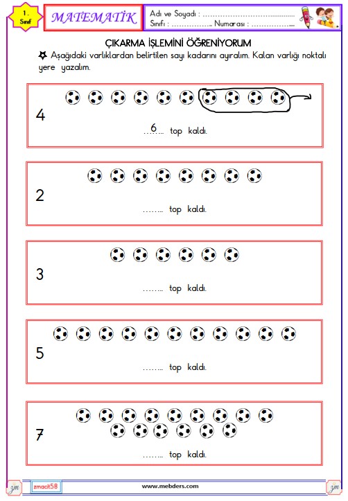 1. Sınıf Matematik Çıkarma İşlemini Öğreniyorum Etkinliği 1