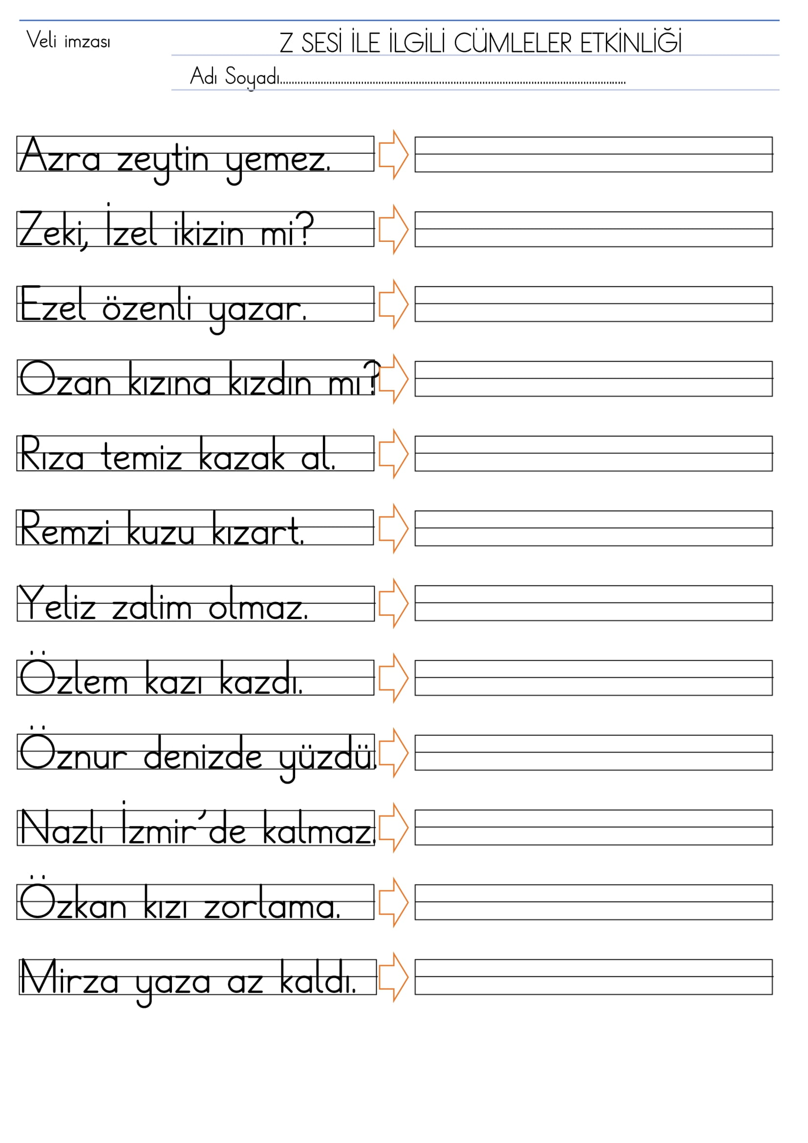 1.Sınıf İlk Okuma Yazma Z Sesi Cümleler Etkinliği