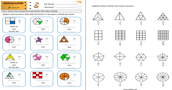 3.Sınıf Matematik Kesirler (Payı Paydasından Küçük Kesirler Elde Edelim) Etkinliği 2