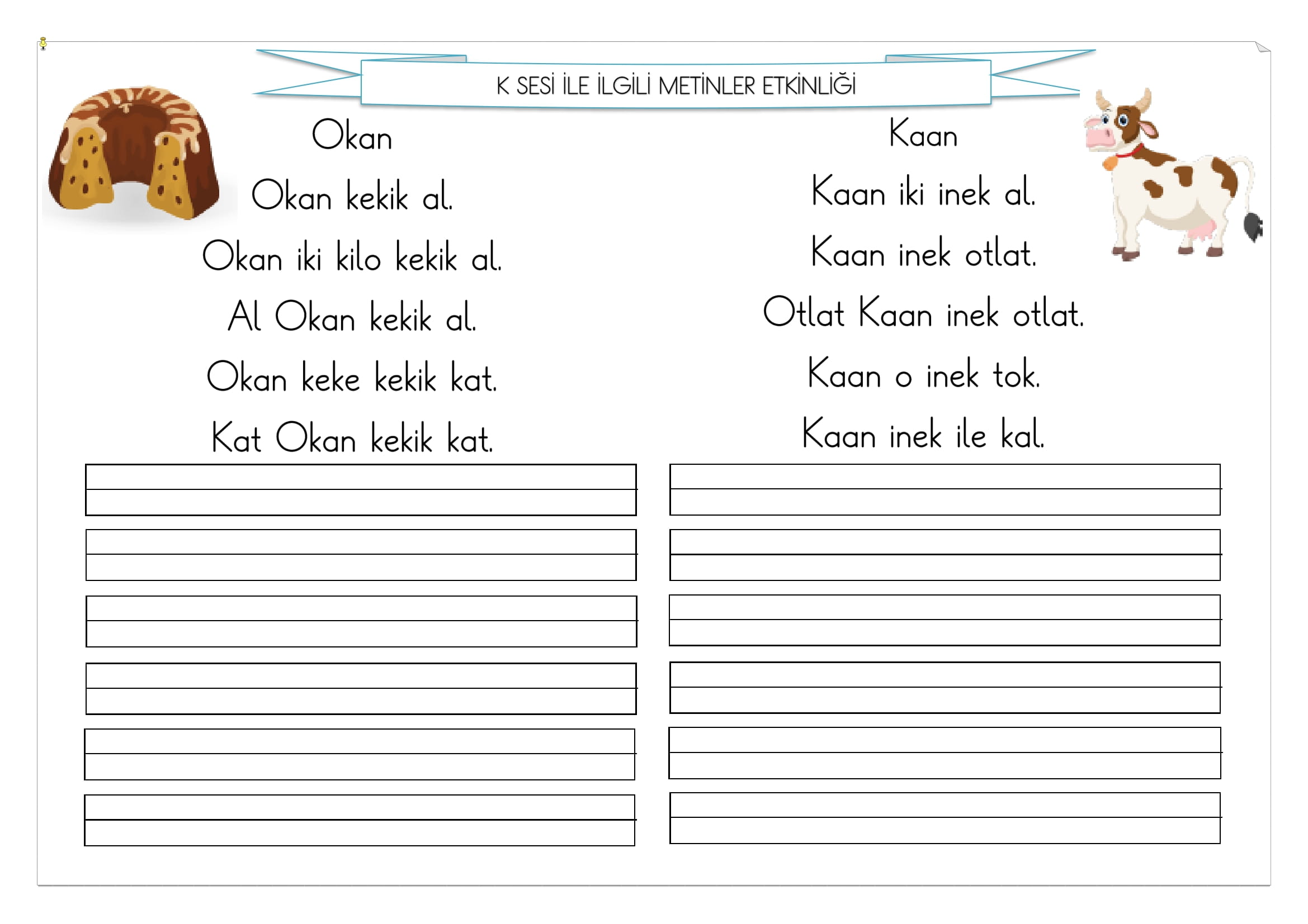 1.Sınıf İlk Okuma Yazma K Sesi Metinler Etkinliği