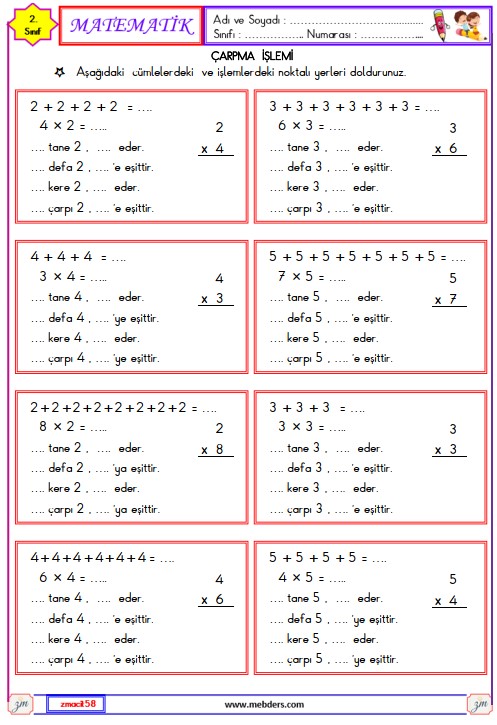 2. Sınıf Matematik Çarpma İşlemi Etkinliği 13