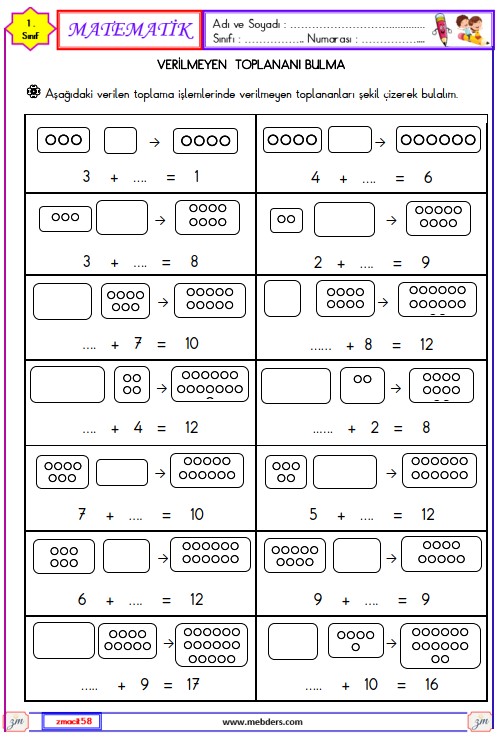 1. Sınıf Matematik Verilmeyen Toplananı Bulma Etkinliği 12