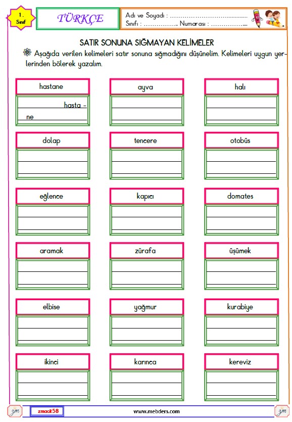 1. Sınıf Türkçe Satır Sonuna Sığmayan Kelimeler Etkinliği 5